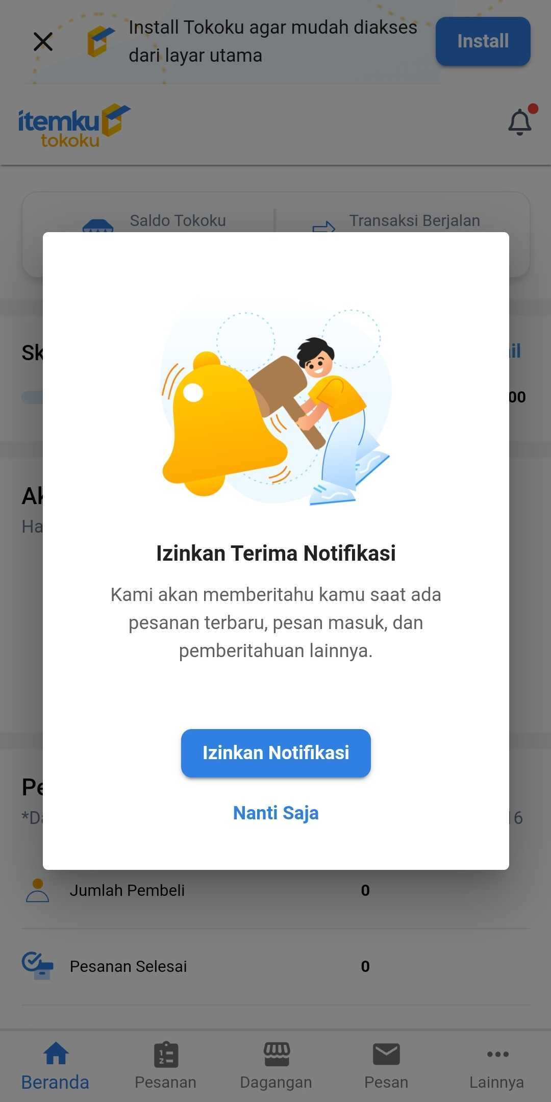Notification pop-up mobile