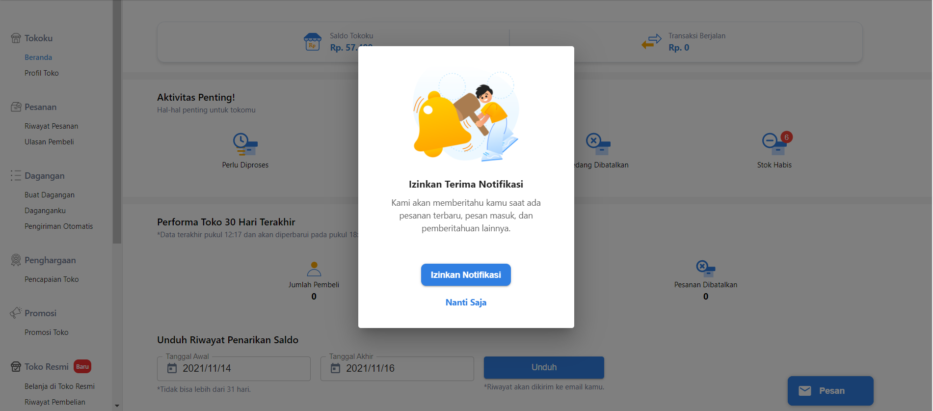 Notification pop-up desktop